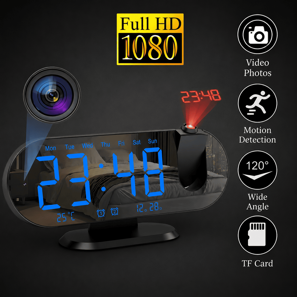 Reloj proyector con cámara wifi oculta